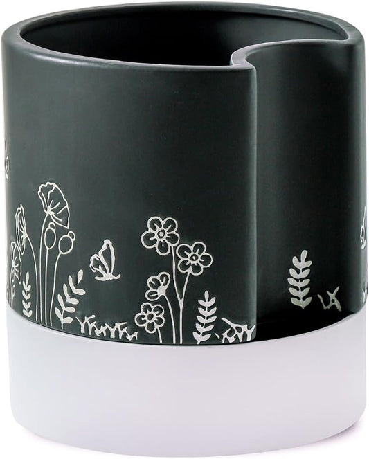 Nihow Self Watering Pots for Indoor Plants,8 Inch,Black Hand Painting | Ceramic Planter, Drainage Hole & Water Storage Plus, Cylinder Round Flower Pot, For Succulent/Herbs/Violets