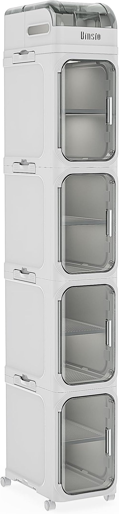 BINSIO 5-Tier Tall Narrow Storage Cabinet, Slim Rolling Storage Cabinet with Clear Doors, Adjustable Shelves, Foldable Organizer for Laundry Room, Kitchen Pantry, Utility Room and Small Spaces