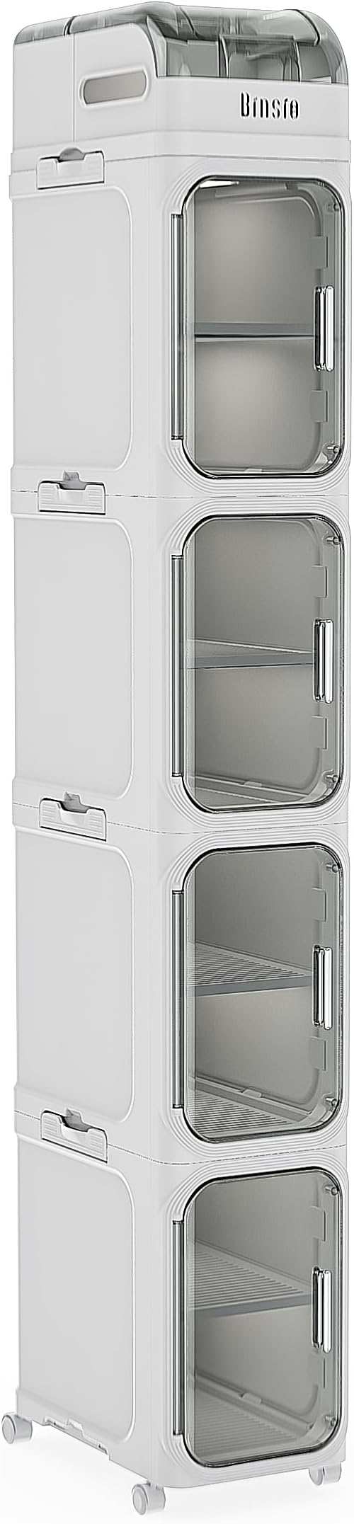 BINSIO 5-Tier Tall Narrow Storage Cabinet, Slim Rolling Storage Cabinet with Clear Doors, Adjustable Shelves, Foldable Organizer for Laundry Room, Kitchen Pantry, Utility Room and Small Spaces