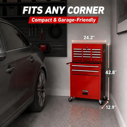 8-Drawer Tool Chest, Detachable Top Box for Garage,Red | Rolling Mobile Storage Cabinet Organizer with Lockable Wheels for Workshop Utility, Heavy Duty Metal Construction