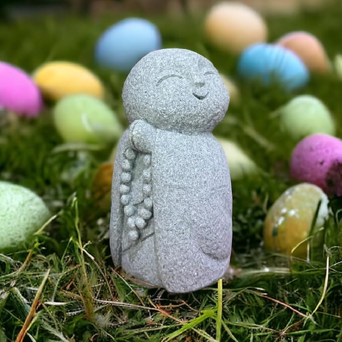 DMtse Lucky Japanese Jizo Buddha Happy Smiling Miniature Figurine Sandstone Praying Monk Statue for Luck Good Protection for Healthy Growth