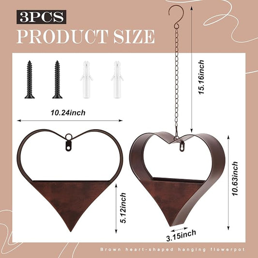 3 Pack Metal Plant Hangers Indoor and Outdoor Rustic Heart Shape Hanging Planters Holder Detachable Flower Pot with Hooks Chains Drain Hole Birthday Gifts for Women Mom Garden Lovers Home Decor