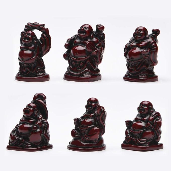 6Pcs 1'' Red Resin Laughing Buddha Figurines, Tabletop Lucky Decor | Mini Maitreya Buddha Statue, Flower Pot Statue, Home Office Desk Decor, Fengshui Collection Gift Ornaments