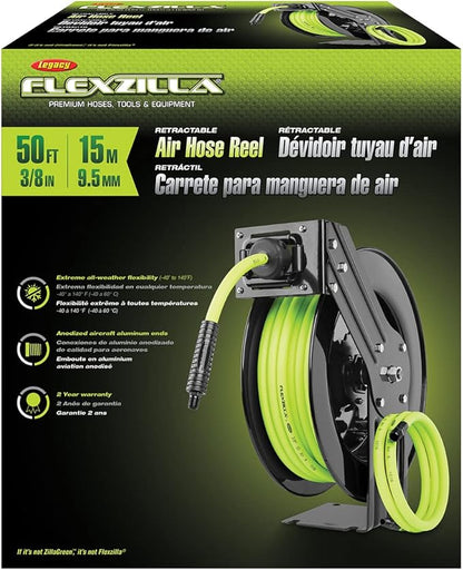 Flexzilla Open Face Retractable Air Hose Reel, 3/8 in. x 50 ft., Heavy Duty, Lightweight, Hybrid, ZillaGreen - L8611FZ & Pro Air Hose, 3/8 in. x 50 ft, Heavy Duty, Lightweight, Hybrid, ZillaGreen