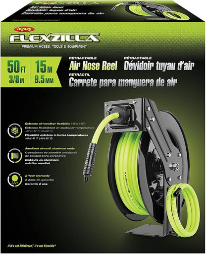 Flexzilla Open Face Retractable Air Hose Reel, 3/8 in. x 50 ft., Heavy Duty, ZillaGreen - L8611FZ & Air Hose, 3/8 in. x 50 ft., 1/4 in. MNPT Fittings, Heavy Duty, Lightweight, Hybrid, ZillaGreen