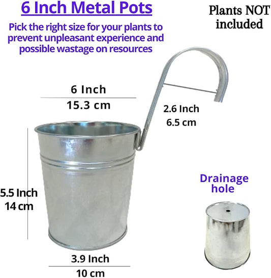 LaLaGreen Rail Planter for Balcony (6 in, 10 Pack) Silver Metal Railing Pot | Rail planters for balcony, apartment, patio, porch, deck, fence, herb, outdoor plants, flower boxes, plant hangers