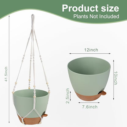 Vanslogreen 12 Inch Hanging Planters for Indoor Outdoor Plants, Self Watering Hanging Pot with Drainage Holes & Removable Tray, Macrame Plant Hanger for Boho Home Decor (Ivory+White) (Ivory+Green)