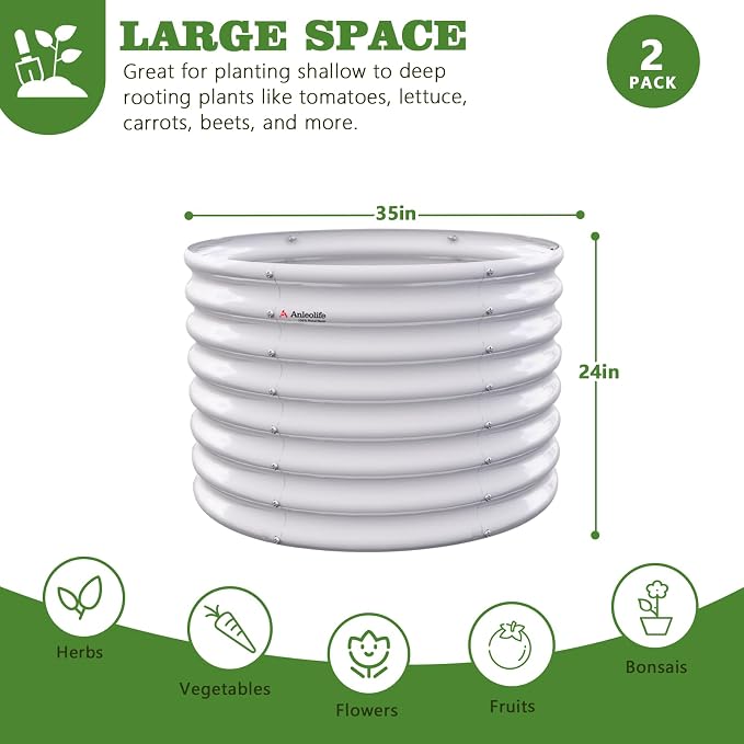 A ANLEOLIFE 2-Pack 3ft x 24” Tall Galvanized Raised Garden Beds Outdoor, Round Metal Planter Box for Planting Vegetables Flowers Herb, Anti-Rust & Easy-Setup, Antique White