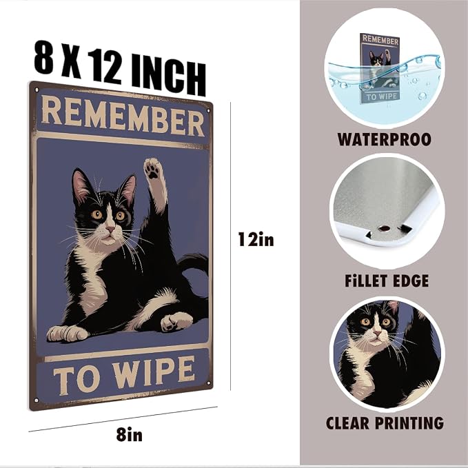 mmiishe Cat Bathroom Decor Black Cat Lover Gifts for Women Men Funny Vintage Metal Signs for Restroom Toilet Powder Room Wall Art Plaques 8x12 Inches Bathroom Accessories Birthday Anniversary