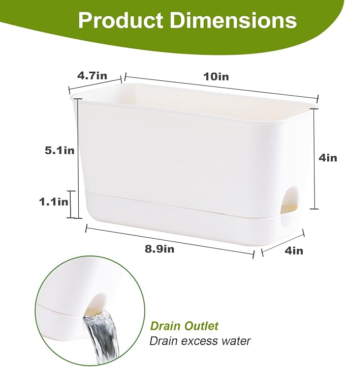 Oliz Self Watering Planters: 4 Packs Rectangular Plant Pots with with Drainage and Tray, 10 Inch Window Pot Self Watering Planter for Herb, Houseplants