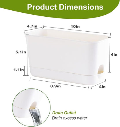 Oliz Self Watering Planters: 4 Packs Rectangular Plant Pots with with Drainage and Tray, 10 Inch Window Pot Self Watering Planter for Herb, Houseplants