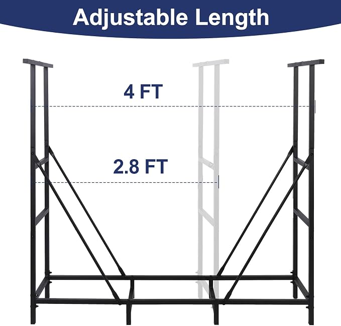 HONEST OUTFITTERS 4ft Firewood Rack Outdoor, Adjustable Heavy Duty Firewood Holder, Adjustable Wood Racks for Outdoor Indoor, Metal Log Racks for Firewood with Firewood Bag Carrier, Black