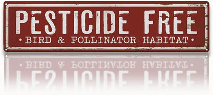 Garden Metal Tin Sign, Pesticide Free Bird & Pollinator Habitat Sign, Vintage Rustic Farmhouse Outdoor Wall Decor, for Porch Patio Yard Fence, Garden Notice Decor, 15.7 x 3.9 Inches