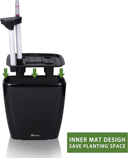 Dexceder 11x10 Self Watering Planter (Black High Gloss) | Inner Mat Design, Thickened Table Flower Plant Pot with Water Level Indicator Indoor Outdoor