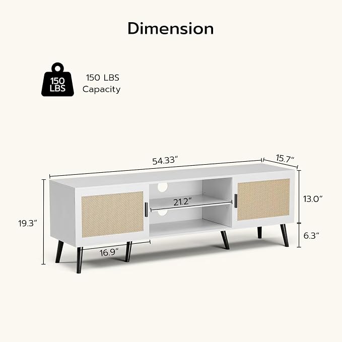 ZttRiee TV Stand with Rattan Doors for TVs up to 65", Mid-Century, White | 54.7"W x 15.7"D x 18.9"H, 150 lbs capacity, 2 rattan-door cabinets & 1 shelf (4 compartments), 2 cord holes, 6 wood feet