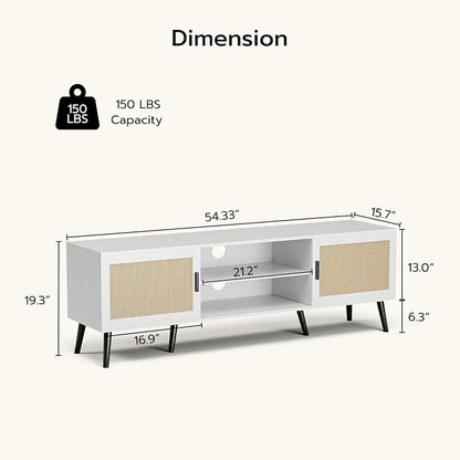 ZttRiee TV Stand with Rattan Doors for TVs up to 65", Mid-Century, White | 54.7"W x 15.7"D x 18.9"H, 150 lbs capacity, 2 rattan-door cabinets & 1 shelf (4 compartments), 2 cord holes, 6 wood feet