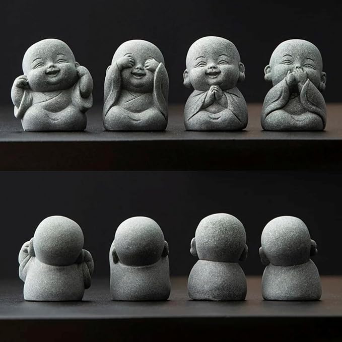 4-in-1 Laughing Buddha Statue Decor Set Small Zen Monk Sandstone Buddha Sculpture Feng Shui Ornaments for Outdoor Gardens & Indoor Meditation Rooms,Micro Landscape Decor Fish Tank Aquarium Decoration