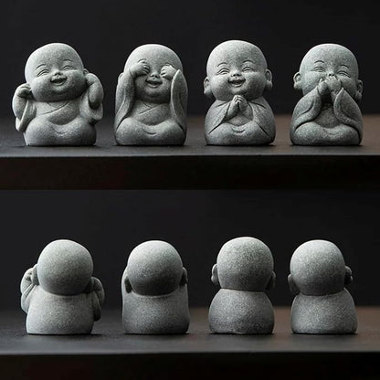 4-in-1 Laughing Buddha Statue Decor Set Small Zen Monk Sandstone Buddha Sculpture Feng Shui Ornaments for Outdoor Gardens & Indoor Meditation Rooms,Micro Landscape Decor Fish Tank Aquarium Decoration