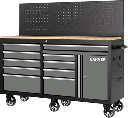 60 Inch Rolling Tool Chest Workbench, 10 Drawer Tool Box with Pegboard & Lock, Mobile Garage Tool Cabinet with Charging Station, Heavy Duty Workbench for Workshop, Gray