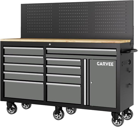 60 Inch Rolling Tool Chest Workbench, 10 Drawer Tool Box with Pegboard & Lock, Mobile Garage Tool Cabinet with Charging Station, Heavy Duty Workbench for Workshop, Gray