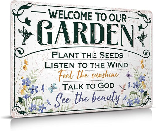 Welcome To Our Garden Metal Sign 12"x8" Outside Garden Welcome Sign Gardening Gifts and Decorations for Women Gardeners Plant Lovers