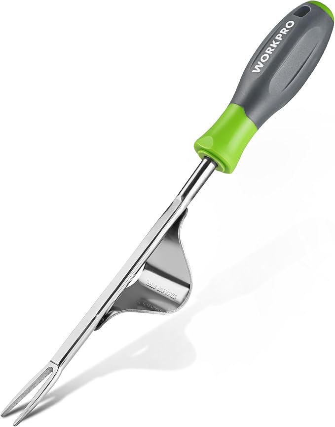 WORKPRO Weed Puller Tool, Metal Leverage Base and V-Shaped Forks | Heavy Duty Stainless Steel with Soft Handle for Easy Weed Removal and Deeper Root Digging, Manual Hand Weeder for Gardening