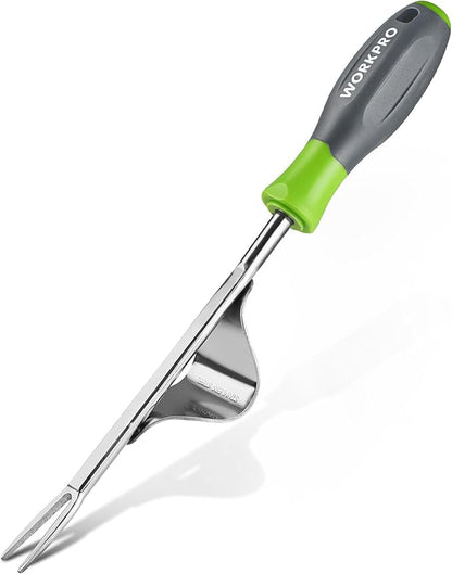 WORKPRO Weed Puller Tool, Metal Leverage Base and V-Shaped Forks | Heavy Duty Stainless Steel with Soft Handle for Easy Weed Removal and Deeper Root Digging, Manual Hand Weeder for Gardening