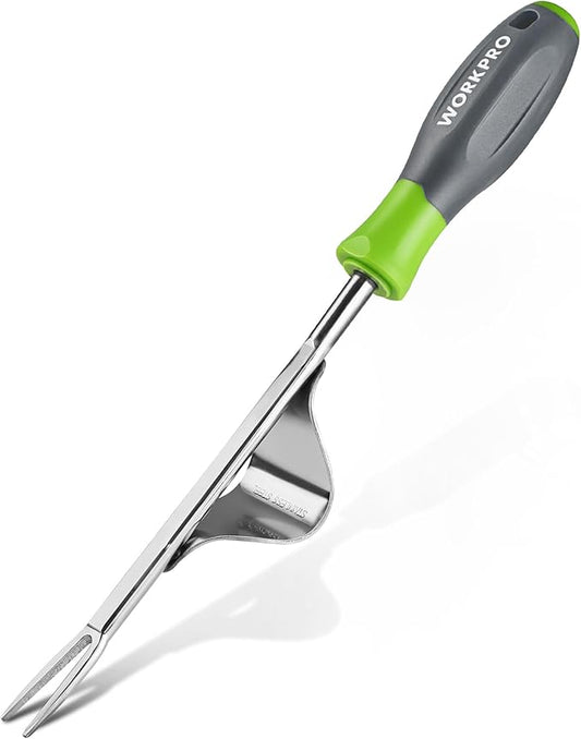 WORKPRO Weed Puller Tool, Metal Leverage Base and V-Shaped Forks | Heavy Duty Stainless Steel with Soft Handle for Easy Weed Removal and Deeper Root Digging, Manual Hand Weeder for Gardening