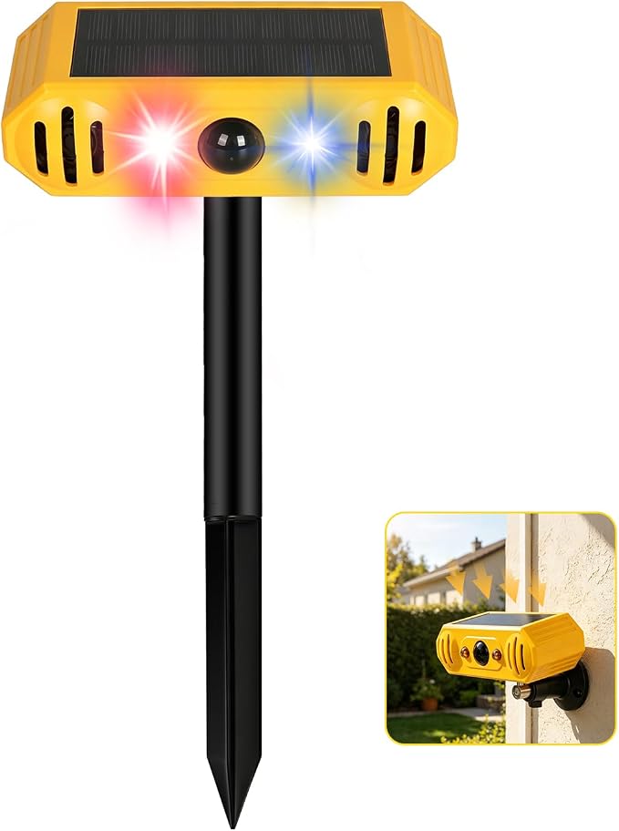 Solar Ultrasonic Animal Repellent with 13 Predator Sounds & Strobe Lights-IP55 Waterproof Sonic Alarm Deterrent for Cat,Deer,Raccoon,Squirrels,2-in-1 Stake or Wall Mount for Yard,Garden,Farm & Patio
