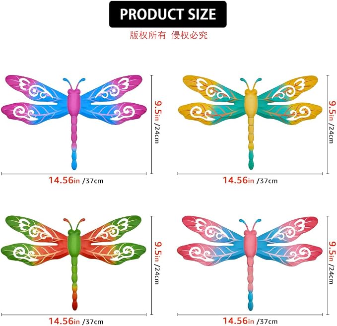 Outdoor Metal Dragonfly Wall Decor, 4 Pack 14inch Metal Dragonfly Wall Hanging Sculpture Decor for Yard Patio Fence Garden Outside Exterior Decorations