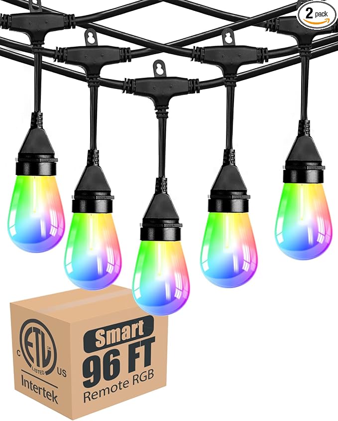 Lightdot 96FT Outdoor RGB String Lights - Dimmable Color Changing LED Patio Lights with Remote, Waterproof Commercial Grade for Cafe, Bistro & Backyard, ETL Listed