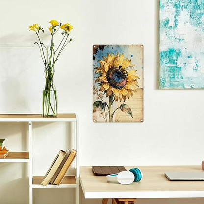 Vintage Bee Sunflower Metal Tin Sign Sunflower Wall Art for Sunflowers Outdoor Garden Farm Wall Decor
