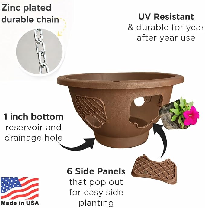 Hanging Planter Basket 10 Pack Bulk, Easy Fill Strawberry Planter, Outdoor Hanging Basket with Side Planting Panels, Durable UV Resistant Planters, Made in USA (10, Mocha)