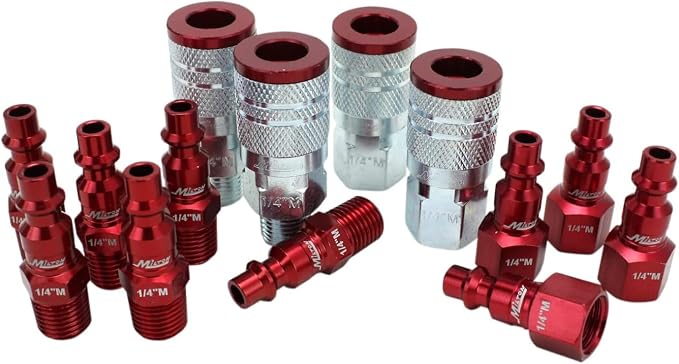 MILTON Strength Air Hose Reel w/Auto- Retractable Steel Dual Arm, Red - 2770-50D & ColorFit by Coupler & Plug Kit - (M-Style, Red) - 1/4" NPT, (14-Piece) - S-314MKIT
