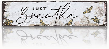 Garden Metal Tin Sign, Vintage Farmhouse Decor, Just Breathe, Butterfly Wall Decor for Yard Fence Door Porch, Inspirational Indoor Outdoor Garden Decoration, 15.7 x 3.9 Inches