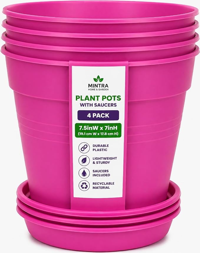 Mintra Garden Pots, 4 Pack Bulk Plastic Plant Pots with Drainage Tray, Round Indoor & Outdoor Decorative Planters with Drain Holes for Flowers, Herbs & Plants, 19cm Diameter – Fuchsia, 7.5in Wide