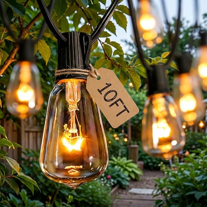 10FT ST38 Outdoor Edison String Lights with11 Clear Vintage Light Bulbs | Clear Glass ST38 Bulbs, Warm Vintage Glow, E12 base, UL-listed cord and End-to-End Connection for Porch Patio Decor
