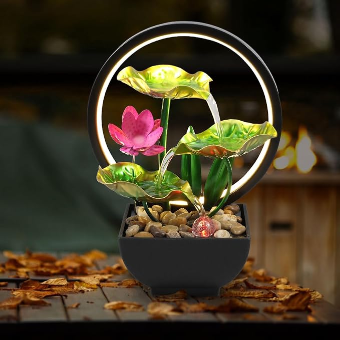 Tabletop Fountain 3-Tiers Leaf,11" Small Waterfall Fountains Indoor Water Fountain with Rocks and Ring Lights,Desktop Fountains for Meditation Relaxation for Bedroom Living Room Office