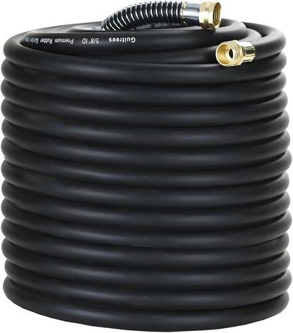 Guitrees 200FT 5/8 Heavy Duty Rubber Garden Hose - 200psi Working, 1000psi Burst - Hot/Cold Water - Five-Layered Braiding for Durability - Versatile for Gardening, Agriculture, Construction(Black)