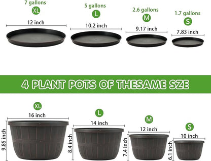 Quarut 16 Inch Brown Classic Plastic Whiskey Barrel Planters Set of 4 with Drainage Holes & Trays for Indoor & Outdoor Use