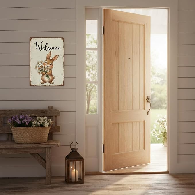 Funny Bunny Tulip Welcome Metal Sign Easter Spring Decor Rabbit Lovers Gift Rustic Farmhouse Wall Art For Home Porch Entryway 8x12Inch