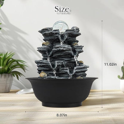 Tabletop Water Indoor Fountain Waterfall Indoor Water Fountains Feng Shui Zen Decorative Desktop Fountain with Colored Led Light and Spinning Ball for Room,Office(Style 1)
