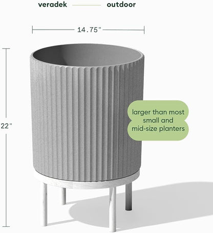 Veradek Demi Series Round Planter w/Stand for Porch/Patio | Durable Plastic-Stone Composite & Wooden Stand | Modern Décor for Tall Plants, Flowers