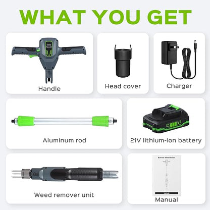 Weed Puller Tool, 21V Powerful Garden Tools Electric Weeding Tool with 2.0Ah Battery and Charger, Gardening Tools Weeder Tool with 3-Claw Steel Head for Smooth Weeding, Gifts for Men Women