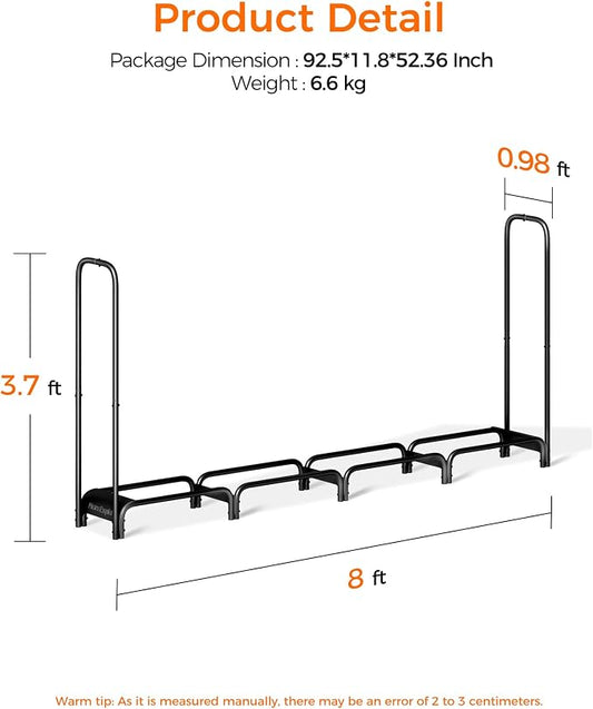 Firewood Rack, 8ft Heavy Duty Fire Wood Storage Racks for Indoor Outdoor, Metal Log Holders for Firewood, Fireplace Wood Pile Storage Stacker Organizer, Black
