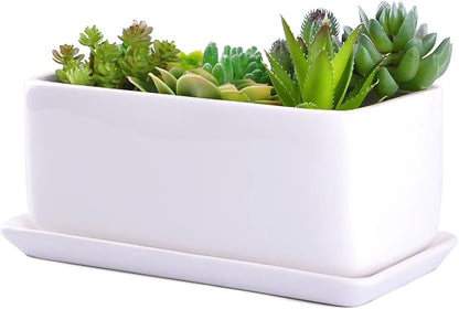 VanEnjoy 10 Inch White Rectangle Ceramic Succulent Planter Pot Decorative Cactus Plant Pot Flower Container with Ceramic Tray