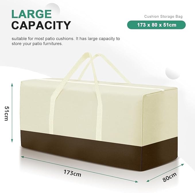 2 Pack Extra Large Patio Outdoor Waterproof Cushion Storage Bag, Outdoor Cushion Furniture Storage Bag with Handles and Zippered 68 x 30 x 20 Inch, Beige 2#