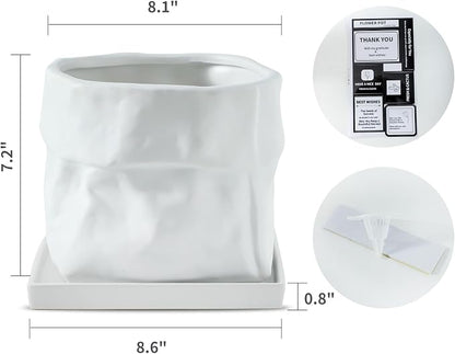 Nihow 8 Inch Ceramic Plant Pot with Drainage & Square Saucer,White | Bag Shape Design,Indoor & Outdoor,Living room/Office/Bedroom/Windowsill/Tabletop,Plant Lovers/Gardeners/Beginners