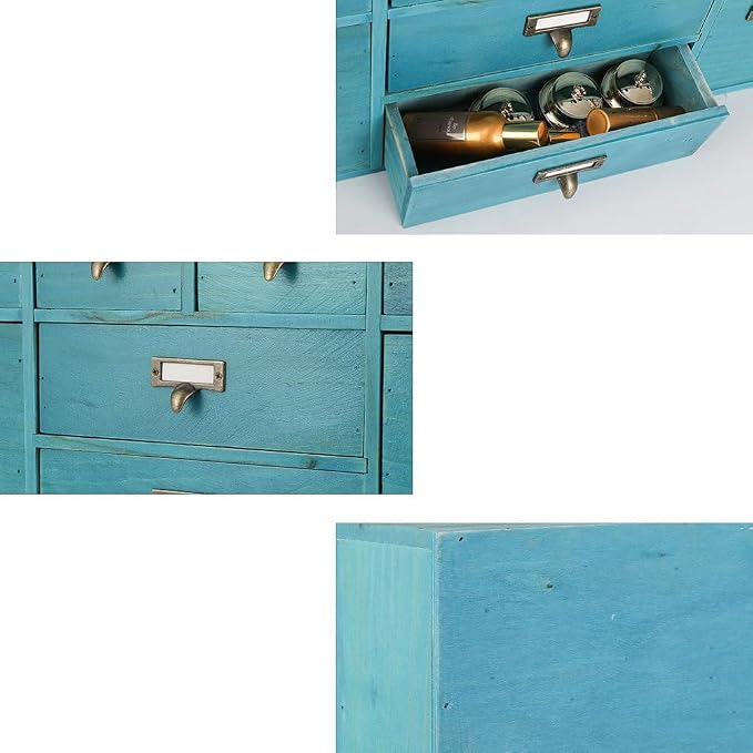Apothecary Drawers Apothecary Cabinet with Drawers, Blue | 12 Drawer Library Card Catalog, Wooden Storage Box, Wooden Desktop Organizer with Metal Handles-Fulled Assembled