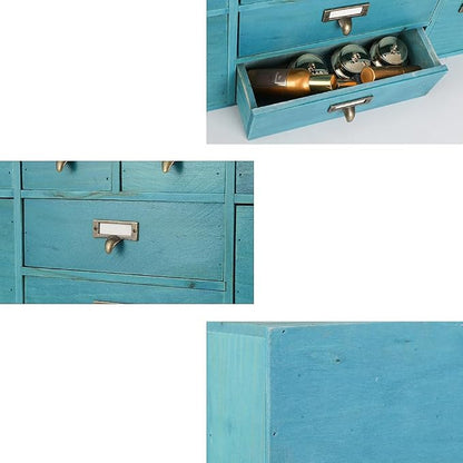 Apothecary Drawers Apothecary Cabinet with Drawers, Blue | 12 Drawer Library Card Catalog, Wooden Storage Box, Wooden Desktop Organizer with Metal Handles-Fulled Assembled